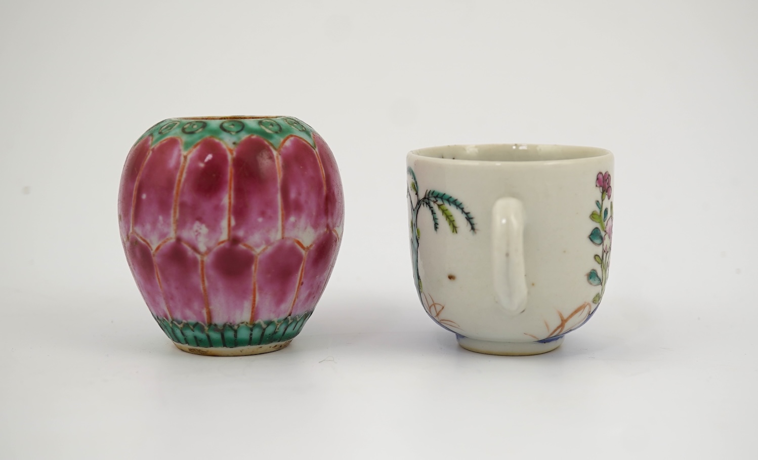 An unusual Chinese famille rose miniature coffee cup and a lotus bud shaped jar, Qianlong period
